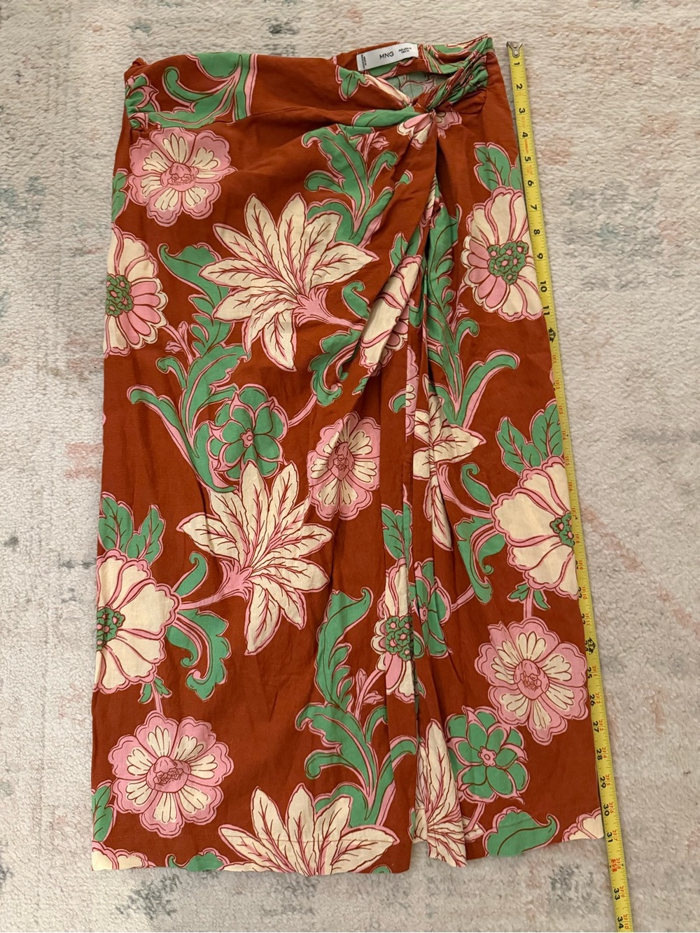 Mango Floral Wrap Midi Skirt - Rust, Pink & Green